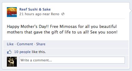 Trong ví dụ này, Reef Sushi đã tương tác với các fans của họ bằng những món quà nhân Ngày của mẹ