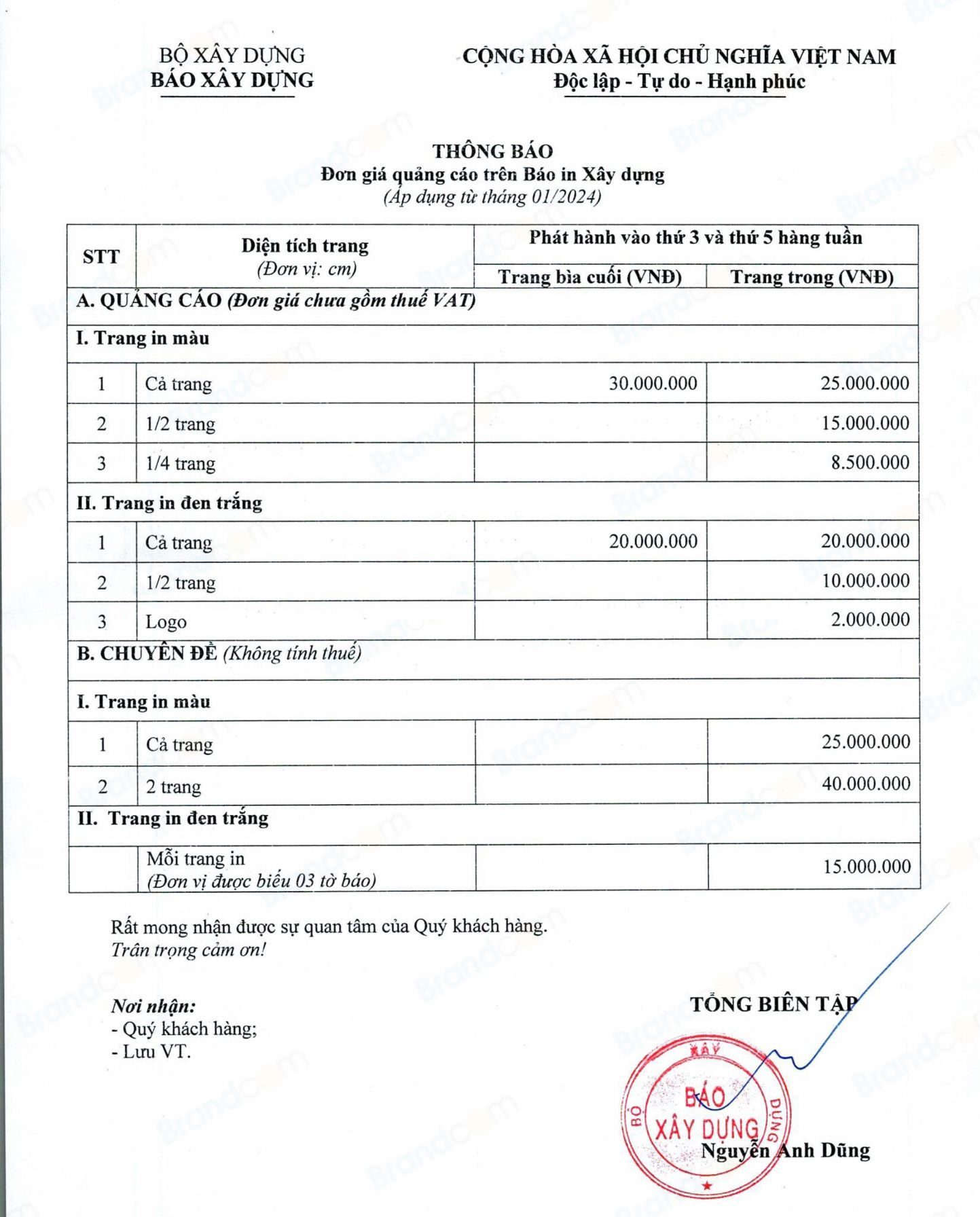 Bảng giá quảng cáo báo Xây dựng 2025 báo in