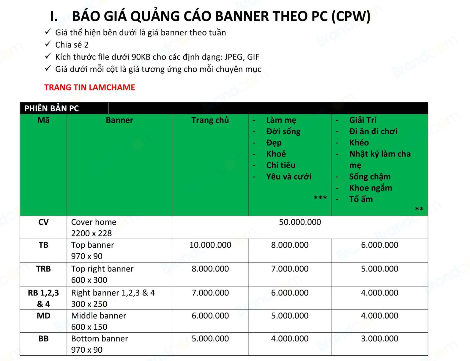 Báo giá quảng cáo báo điện tử Lamchame.vn