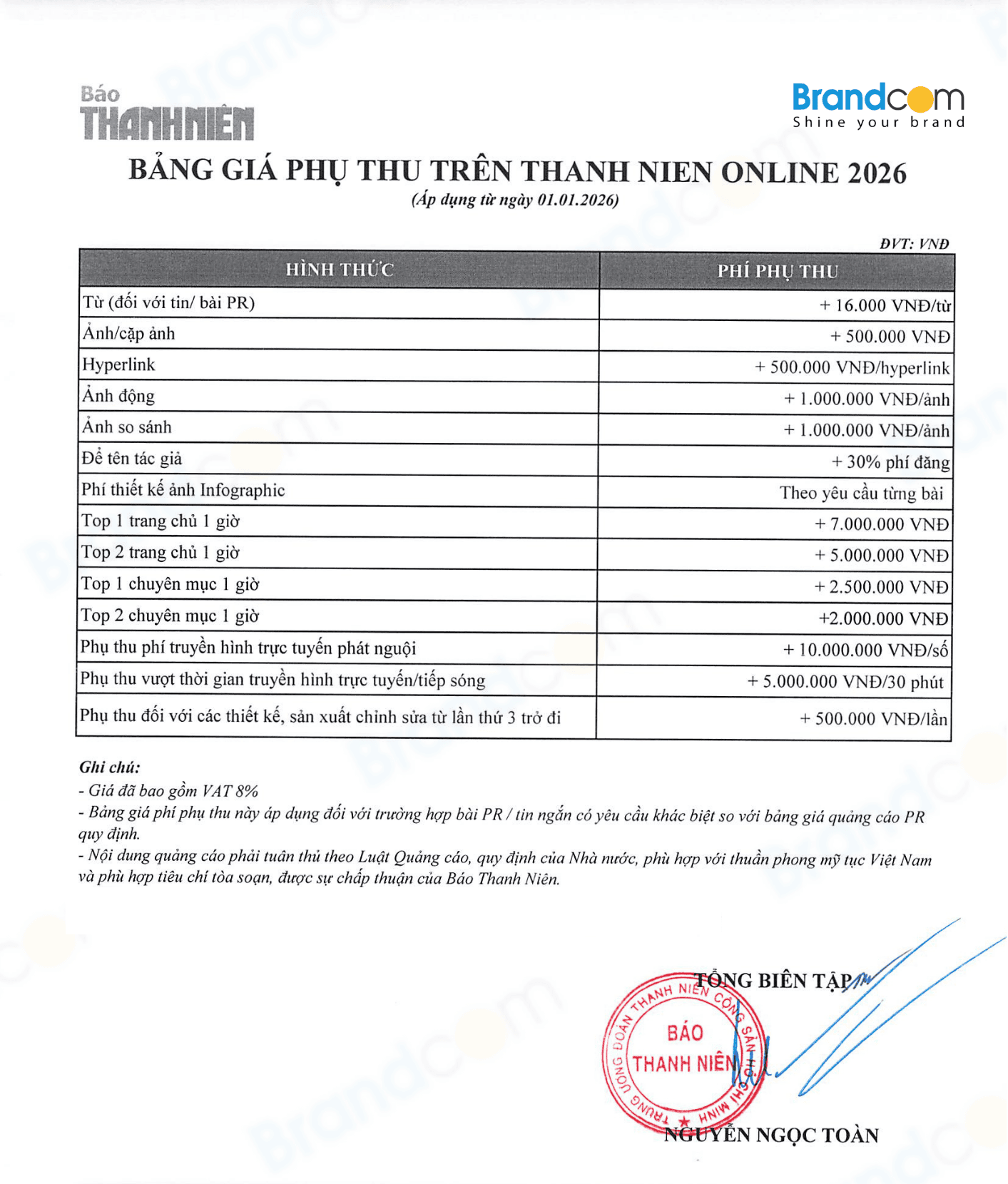 báo giá phí phụ thu thanh niên 2026