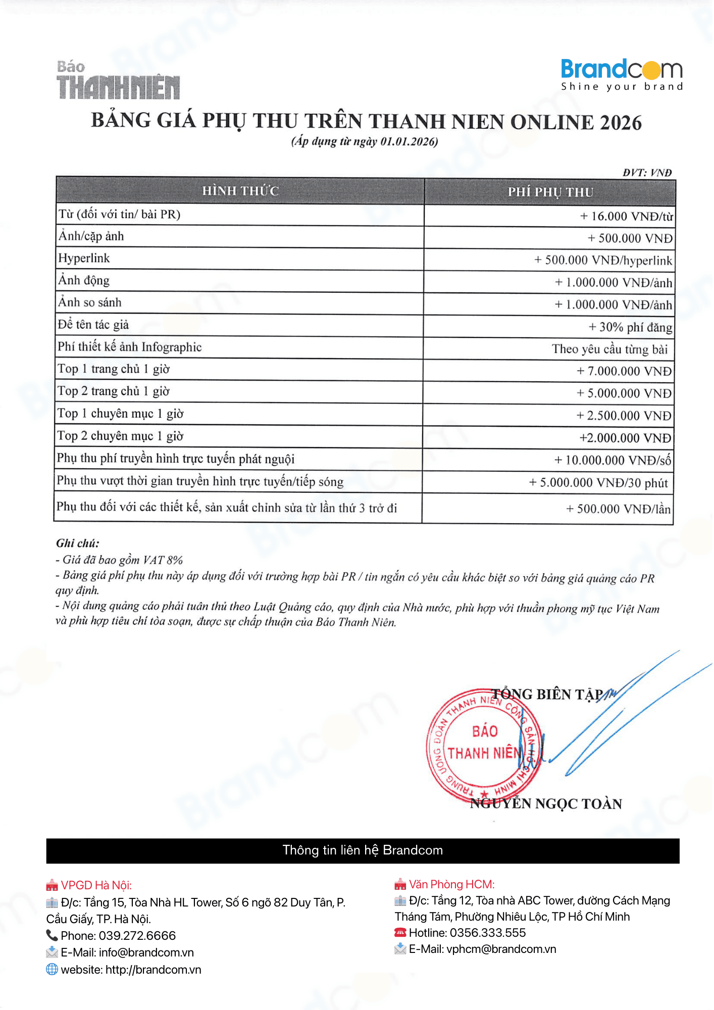 báo giá phí phụ thu thanh niên 2026