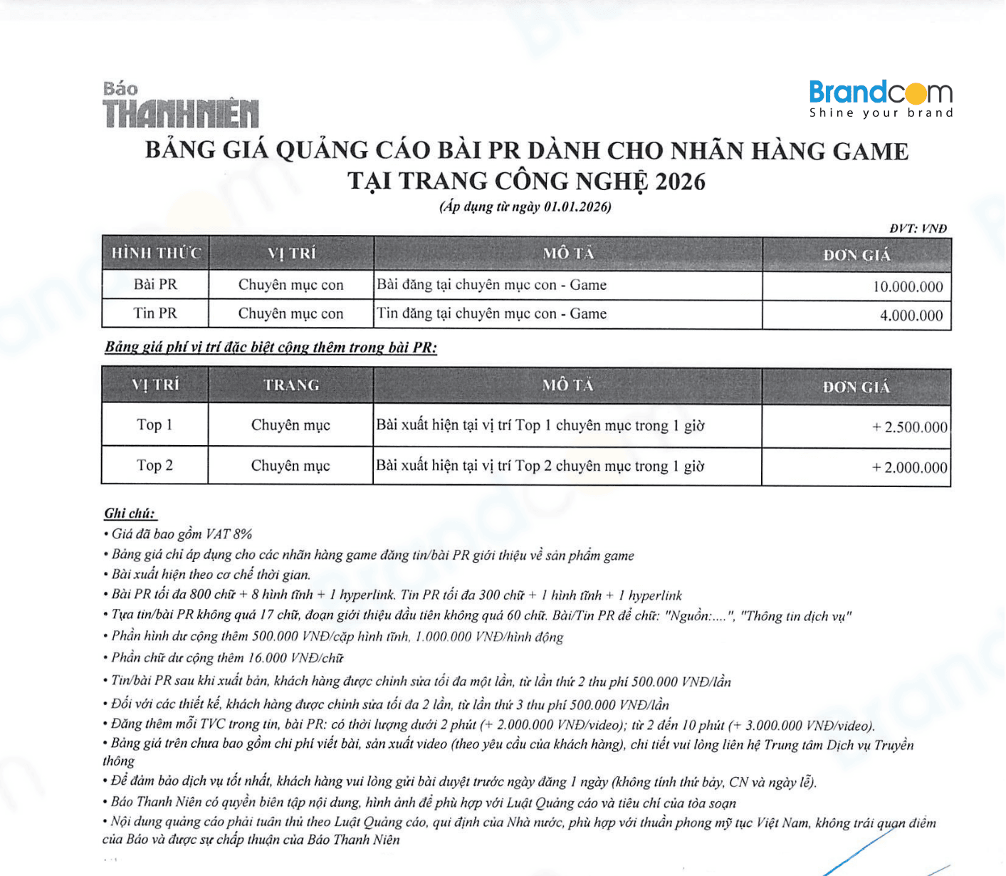 Báo giá quảng cáo bài PR cho nhãn hàng Game trên trang Công nghệ báo Thanh niên 2026 mới nhất