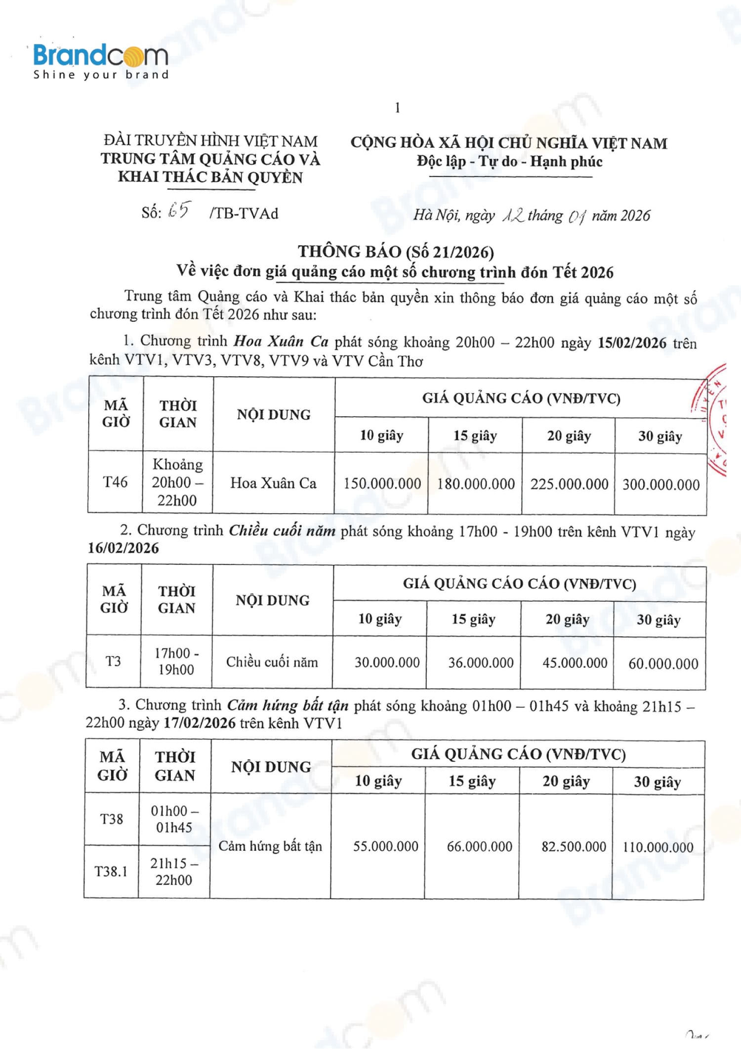 Báo giá quảng cáo một số chương trình Tết hot nhất 2026