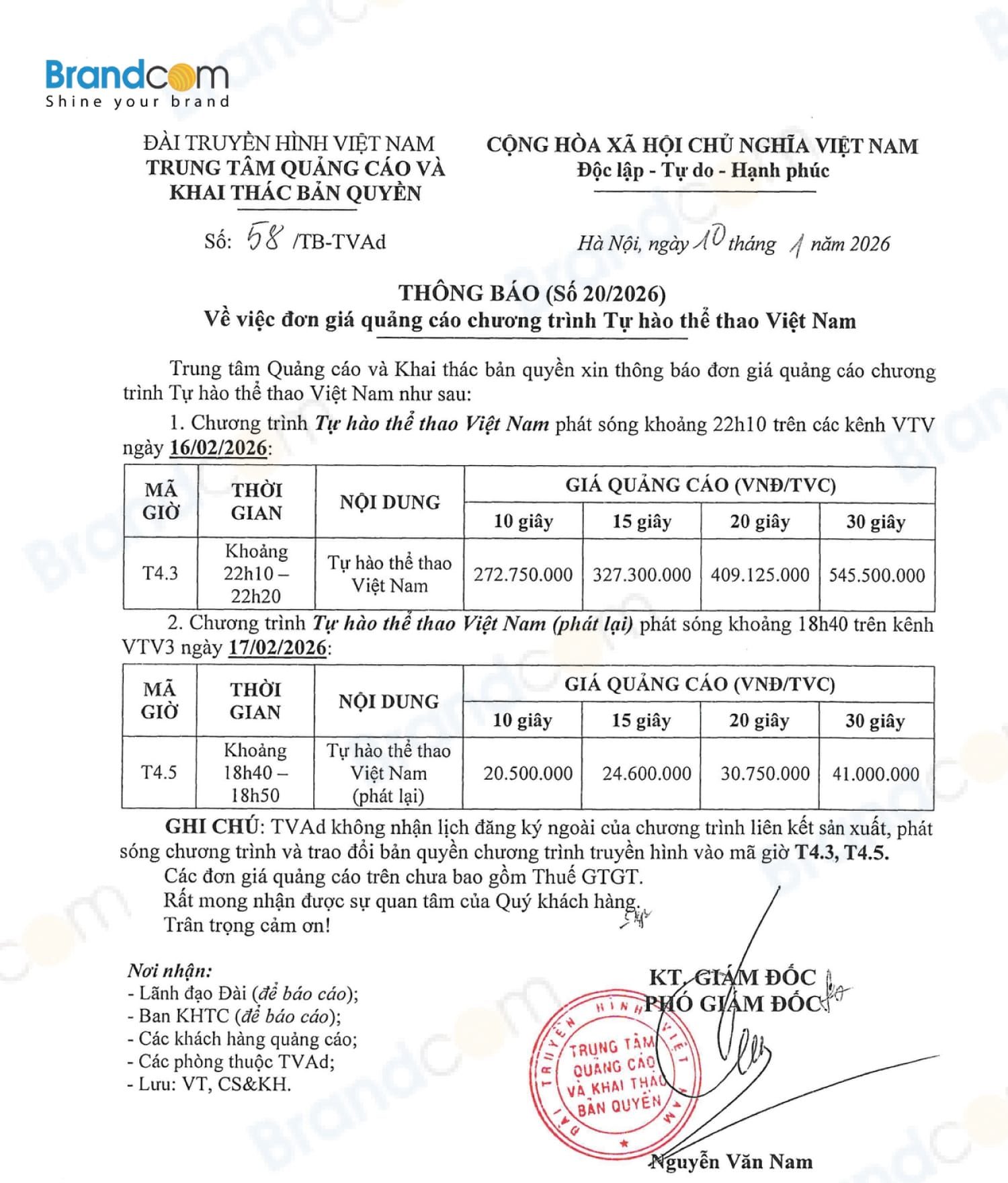 Báo giá quảng cáo chương trình "Tự hào thể thao Việt Nam" Tết 2026