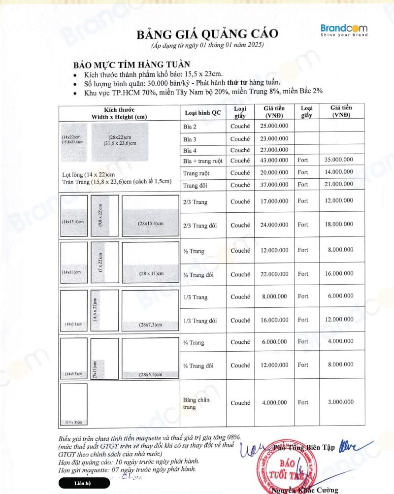 Báo giá quảng cáo báo giấy báo Mực Tím 2026 mới nhất
