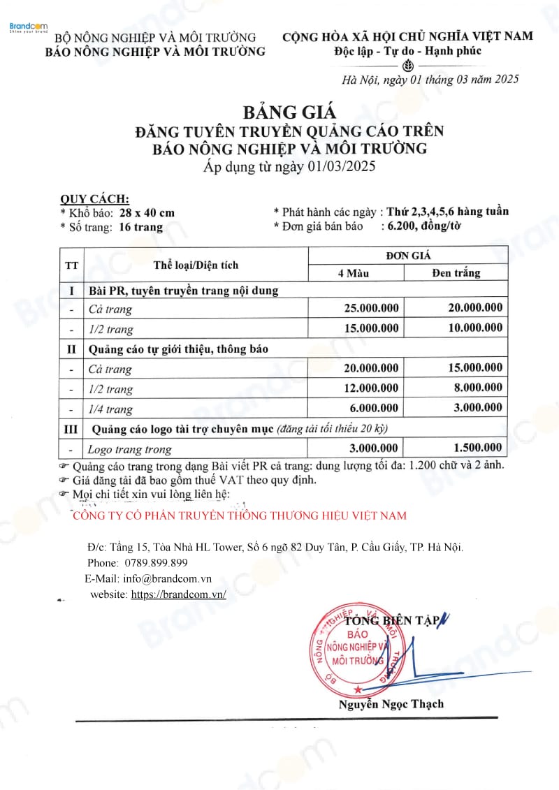 Báo giá quảng cáo báo in số thường báo Nông nghiệp và Môi trường 2026 mới nhất